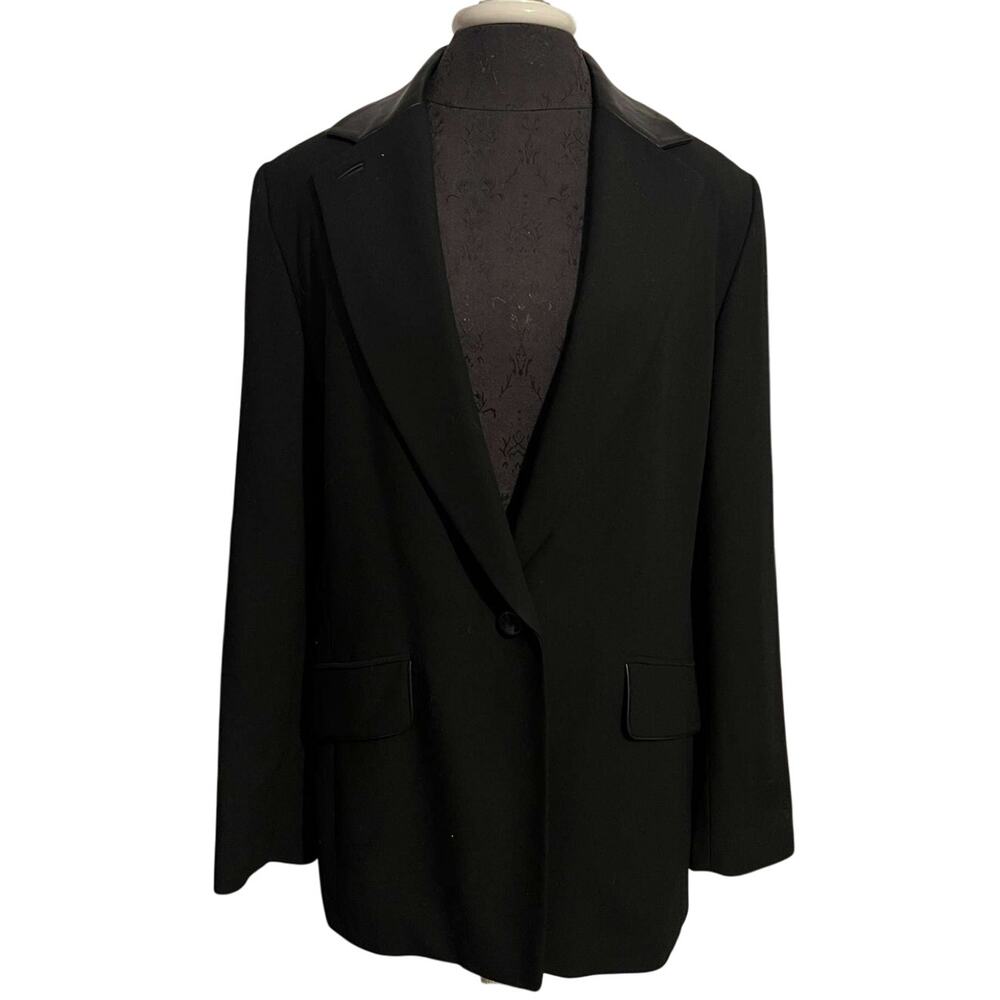 Dana Buchman Black Wool Blazer Faux Leather Shoulder Pads Lapel - Size L
